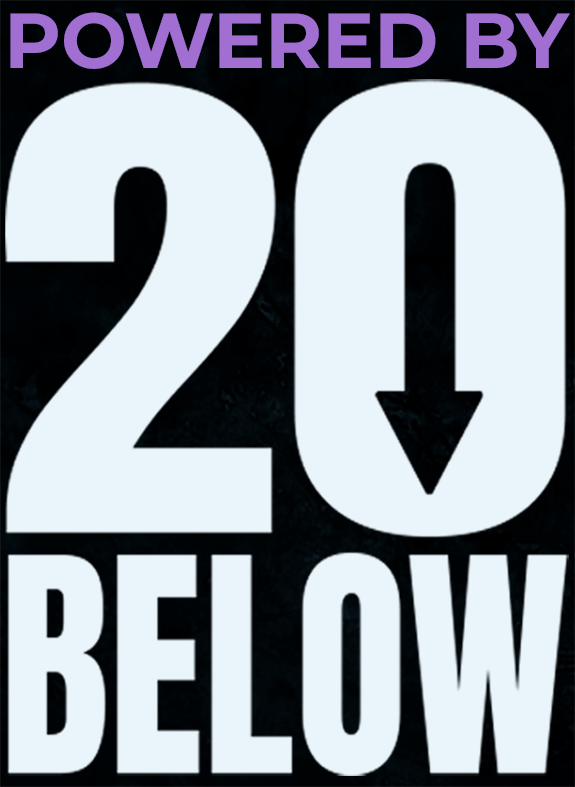 Powered by 20 Below, pale lettering on its own dark ground
