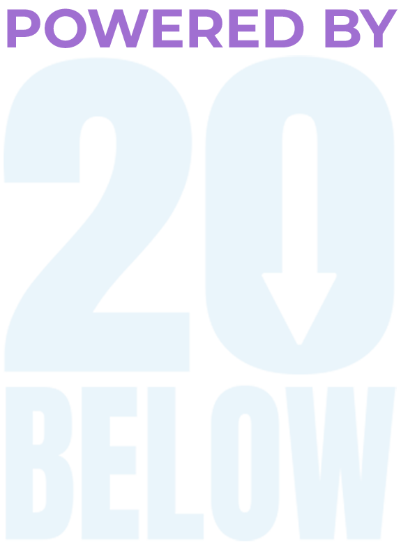 Powered by 20 Below, pale lettering on a transparent background