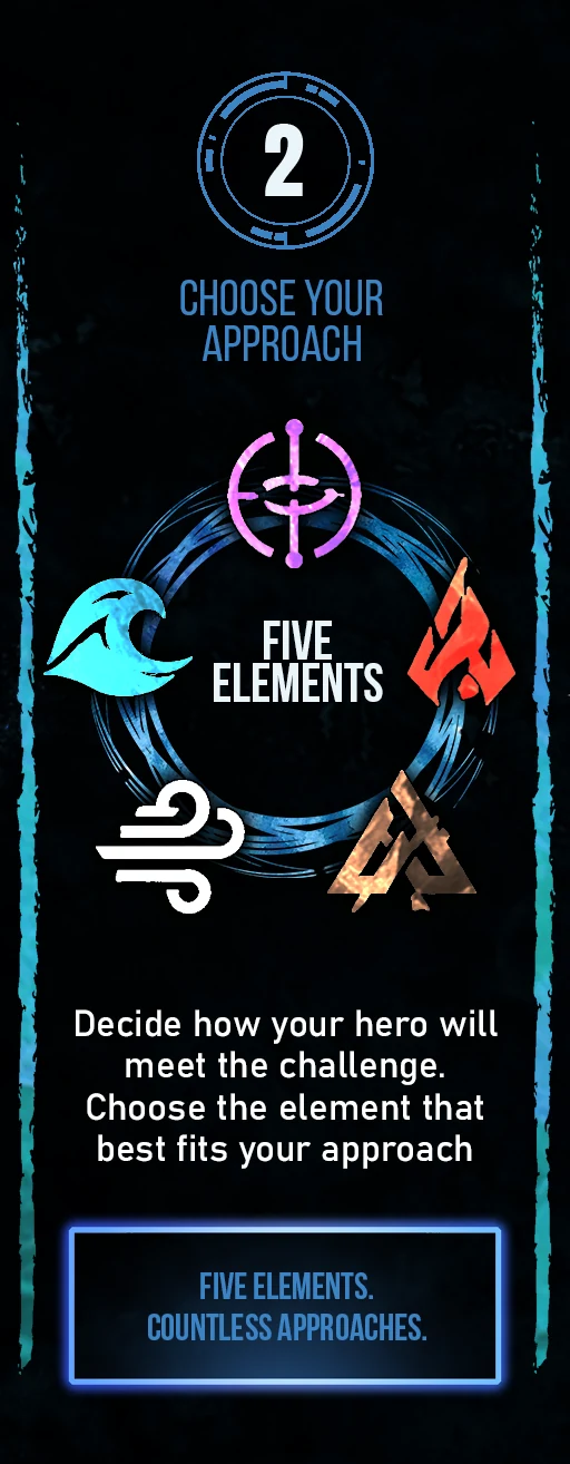 Step 2: Choose Your Approach. Decide how your hero will meet the challenge. Choose the element that best fits your approach. Five Elements. Countless Approaches.